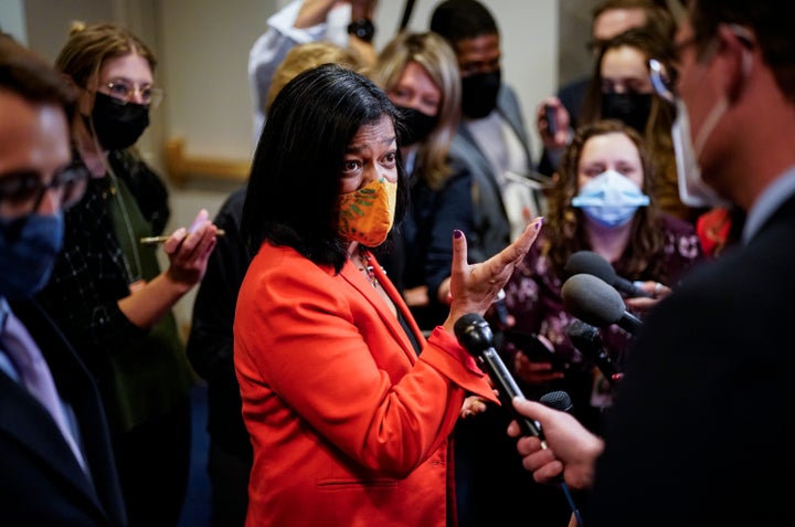 Rep. Pramila Jayapal (D-Wash.) talks to reporters on Capitol Hill on Friday, Oct. 1. Under her leadership, the Congressional Progressive Caucus is flexing its muscles.