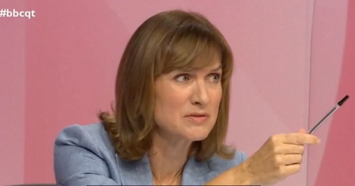 BBC presenter Fiona Bruce interacting with an audience member who did vote for Brexit