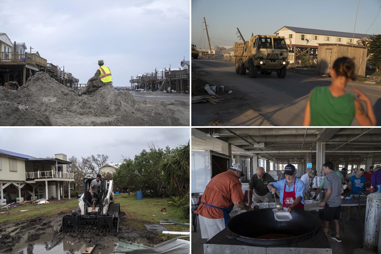 The aftermath of Ida in Grand Isle. Top left: Destruction and flooding as seen from Highway 1. Top right: Resident Anita Wells salutes members of the U.S. military who came to help with rebuilding efforts. Bottom left: A man clears the mud and debris in a residential area. Bottom right: Mayor Michael Chauffe of Grosse Tete cooks lunch for residents and members of the military.