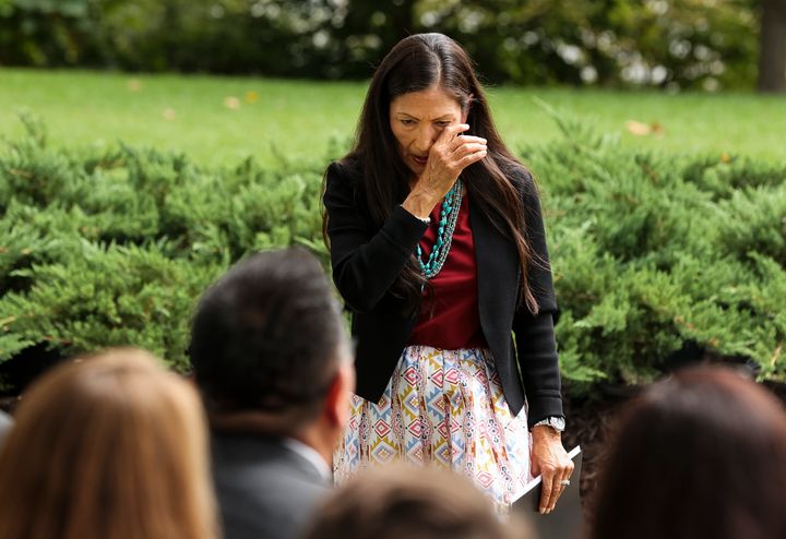Secretary of the Interior Deb Haaland becomes emotional as Biden announces the monument restorations at the White House on Friday.