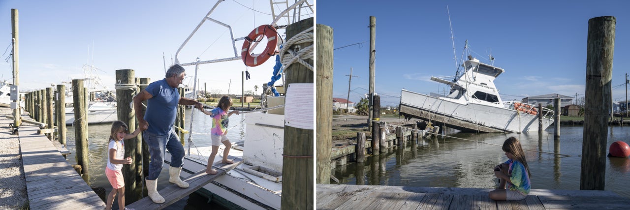 Left: Harvey Cheramie Jr. brings his granddaughters Sierra and Briel Balred onto his boat while inspecting damages to it. Right: Sierra and Briel play in front of their father's boat, which ended up on land when Hurricane Ida made landfall.