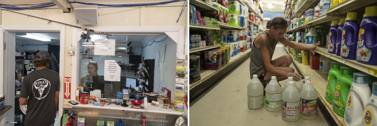 Left: Grand Isle resident Jerica Cheramie, who co-owns the Grand Isle Supermarket with her husband, Devin, in the grocery store on Sept. 9. Right: Grand Isle resident Anita Wells wipes mud off bottles of laundry detergent at the supermarket.