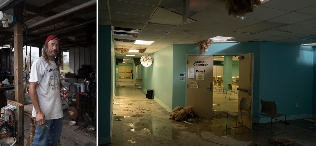Left: Walker. Right: The aftermath of Hurricane Ida as seen in the Multiplex building on Sept. 8. The building houses the Grand Isle police station, city council chambers and the local court.