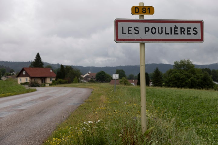A road leading to Les Poulières, France, the village where a group of men inspired by QAnon-style conspiracy theories are accused of abducting an 8-year-old girl on April 13 to return her to her mother, who had lost custody.