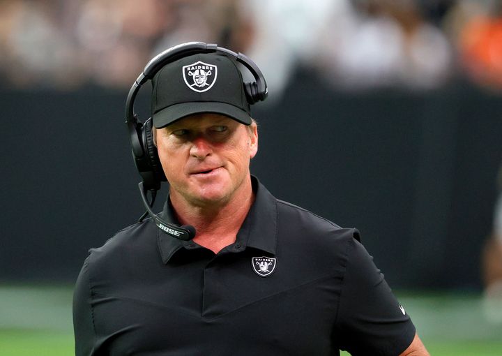 LAS VEGAS, NEVADA - OCTOBER 10: Head coach Jon Gruden of the Las Vegas Raiders reacts during a game against the Chicago Bears at Allegiant Stadium on October 10, 2021 in Las Vegas, Nevada. The Bears defeated the Raiders 20-9. (Photo by Ethan Miller/Getty Images)