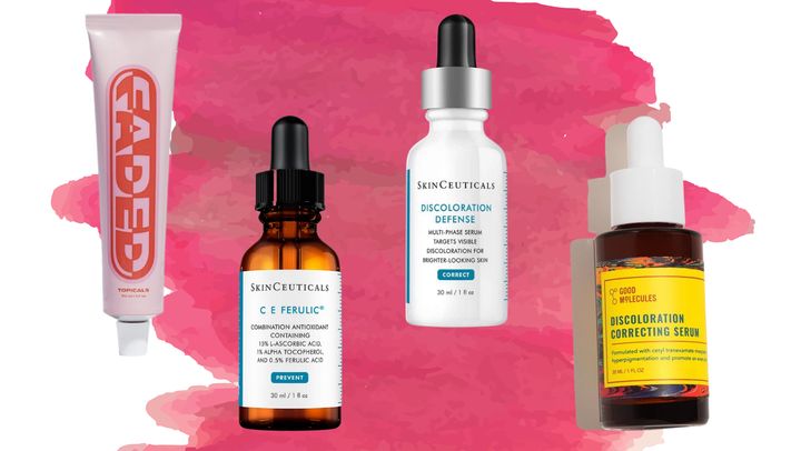 Left to right: Topicals Faded, SkinCeuticals CE Ferulic, SkinCeuticals Discoloration Defense and Good Molecules Discoloration Correcting Serum.
