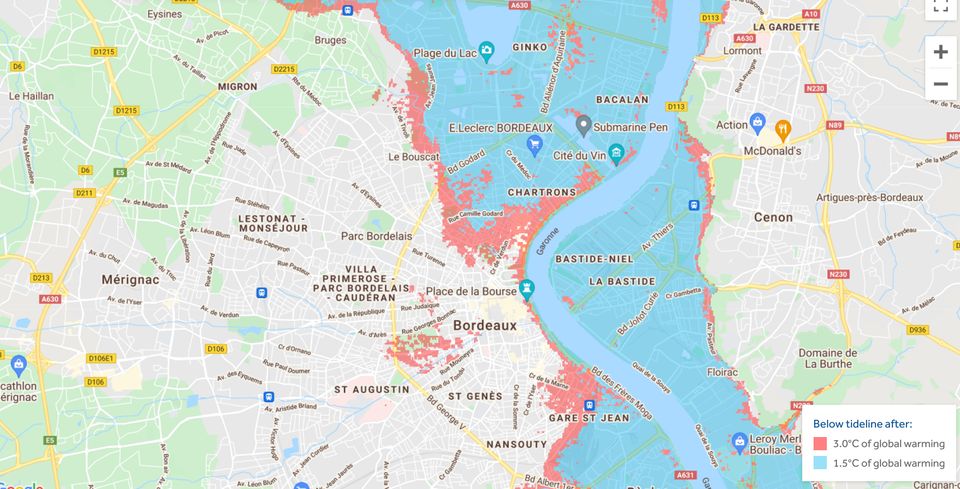 Ici la vue Google maps avec les zones de Bordeaux et des villes voisines qui seraient inondées...