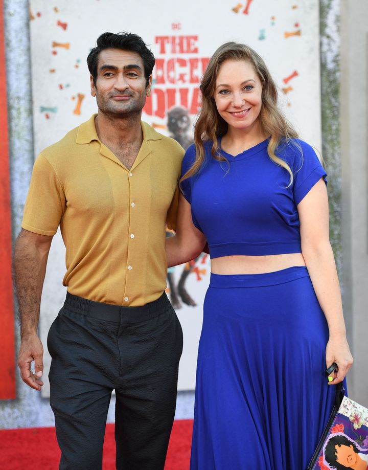 Kumail Nanjiani and his wife, writer Emily V. Gordon, arrive for the premiere of "The Suicide Squad" in 2021.