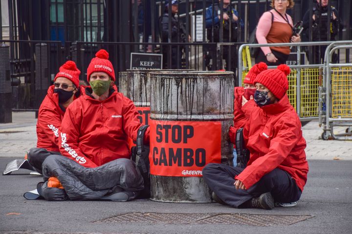 Greenpeace activists during a Stop Cambo protest outside Downing Street.