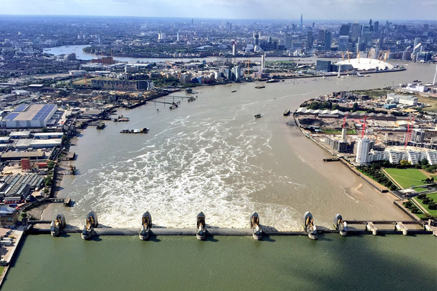 An aerial view of the Thames Barrier with closed
