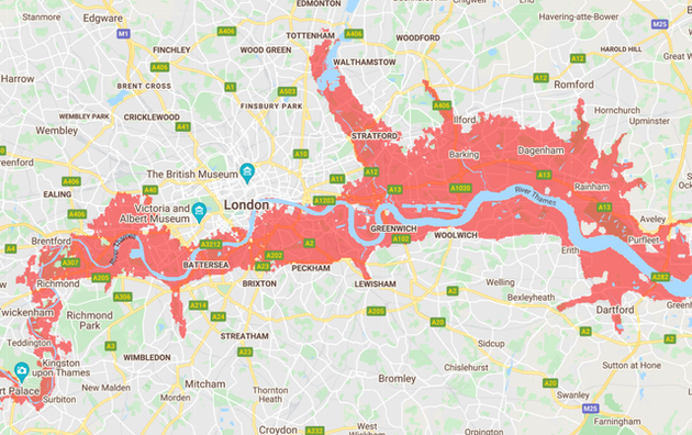 A prediction of London by 2030 – the red areas show where might be regularly underwater by