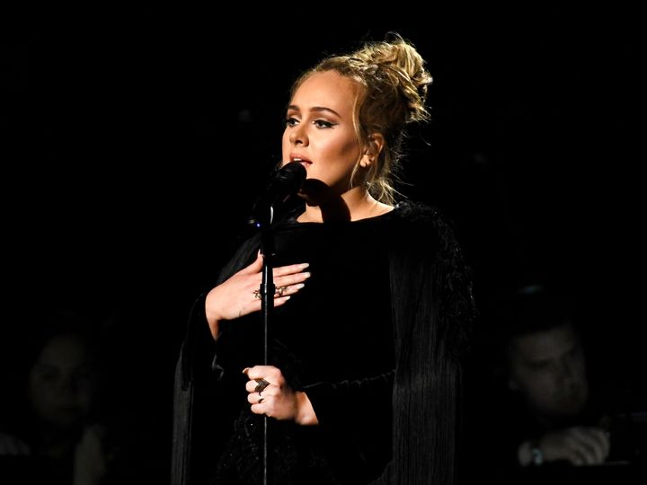 Adele on stage at the 2017 Grammys