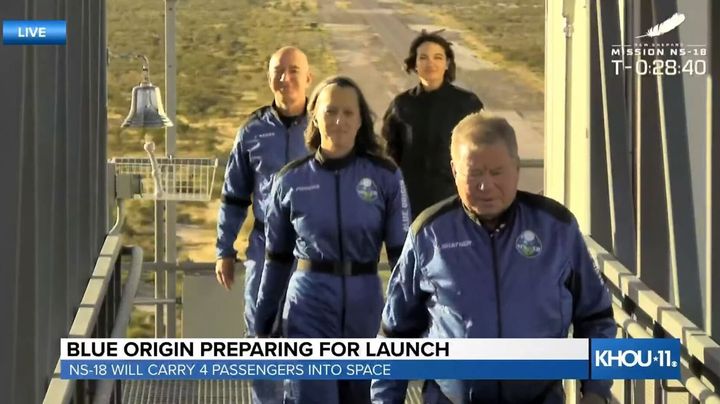 A screenshot taken from a live handout video shows Blue Origin spacecraft New Shepard ahead of take-off in Texas