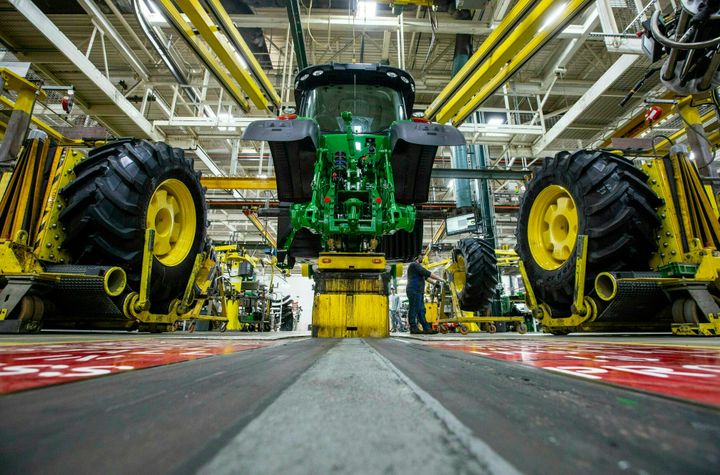 Production at John Deere's Waterloo, Iowa, assembly plant. The United Auto Workers hasn't declared a strike against Deere since 1986.