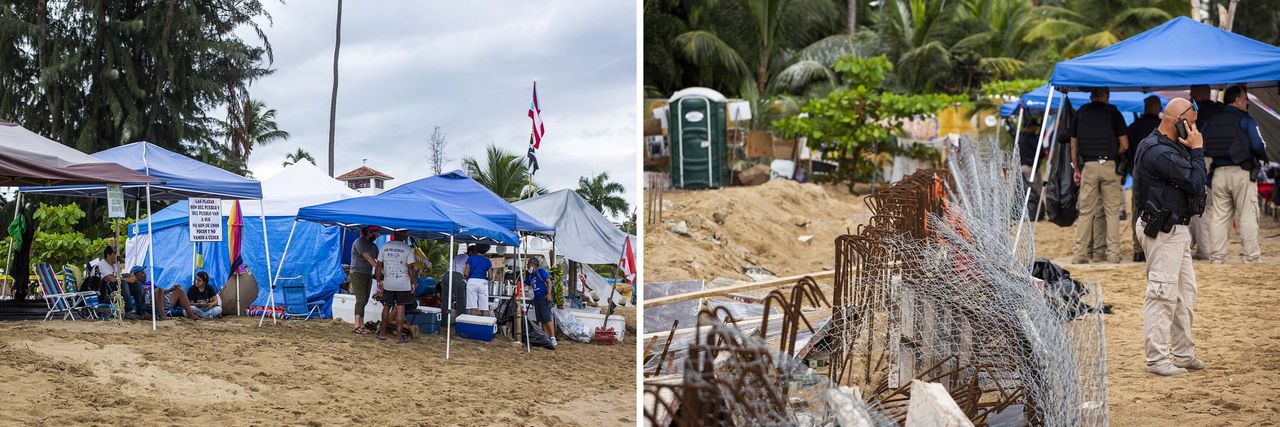 Left: The encampment in front of the Playa y Sol complex. Right: Police guard the construction site, staying overnight and at times with a heavy presence.