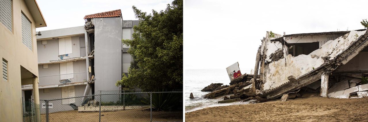 Left: A structure in Rincón damaged during hurricane María in 2017 remains partly collapsed. Right: A building severely damaged during the hurricane has fallen into the sea.