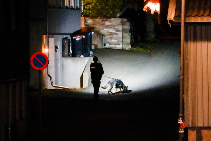 Police at the scene after an attack in Kongsberg, Norway, Wednesday, Oct. 13, 2021. Several people have been killed and others injured by a man armed with a bow and arrow in a town west of the Norwegian capital, Oslo. (Hakon Mosvold Larsen/NTB Scanpix via AP)