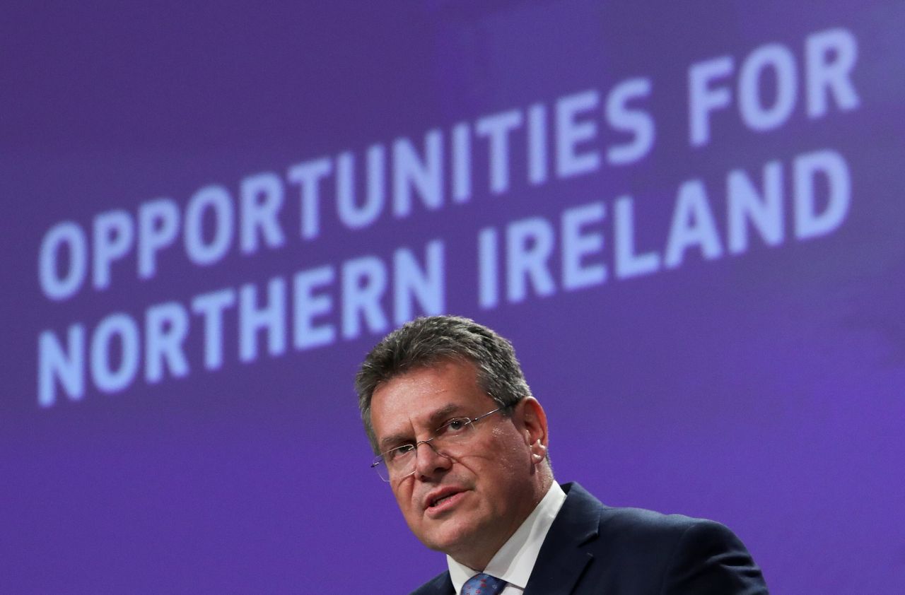 European Commission vice president Maros Sefcovic addresses a news conference on a package of measures designed to ease the flow of goods from Great Britain to Northern Ireland.