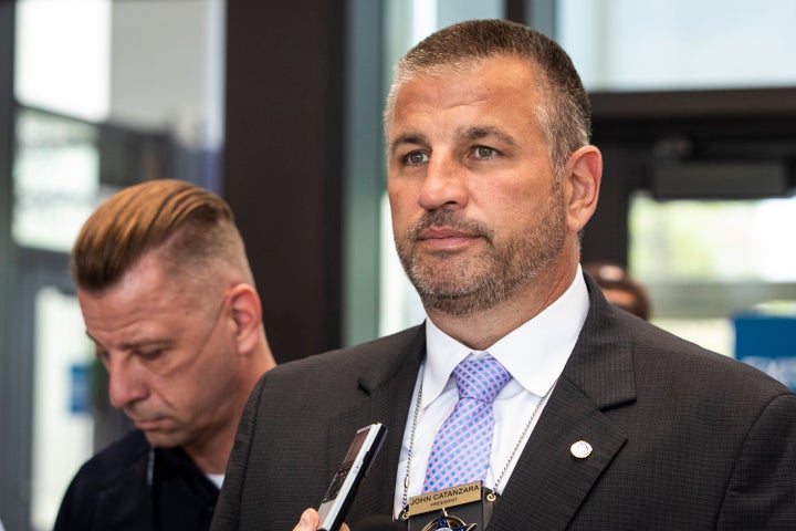 Fraternal Order of Police Lodge 7 President John Catanzara speaks to reporters at the Leighton Criminal Courthouse in Chicago, on Aug. 10, 2021.