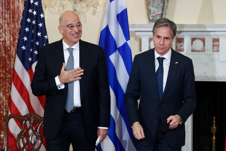 U.S. Secretary of State Antony Blinken and Greece’s Foreign Minister Nikos Dendias depart after signing the renewal of the U.S.-Greece Mutual Defense Cooperation Agreement at the State Department in Washington, U.S. October 14, 2021. REUTERS/Jonathan Ernst