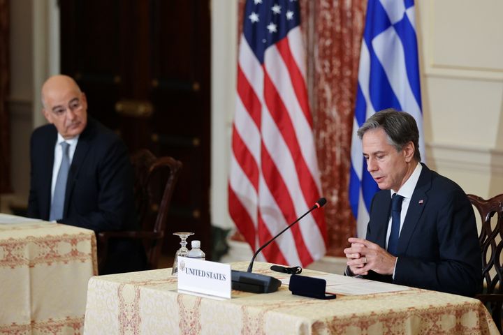 U.S. Secretary of State Antony Blinken and Greece’s Foreign Minister Nikos Dendias deliver remarks for the U.S.-Greece Strategic Dialogue at the State Department in Washington, U.S. October 14, 2021. REUTERS/Jonathan Ernst
