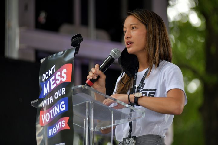 Georgia state Rep. Bee Nguyen speaks at the March On For Voting Rights at The King Center on Aug. 28 in Atlanta. Nguyen is part of a group of local and state Democrats trying to counter the GOP's efforts to restrict voting access.