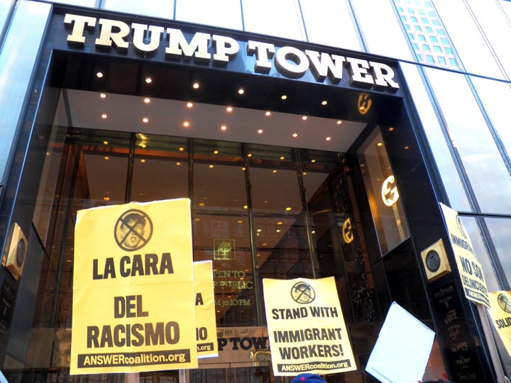 Signs expressing solidarity with immigrant workers on Sept. 16, 2015, during a protest against Donald Trump's anti-immigrant rhetoric.