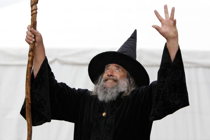 Ian Brackenbury Channell — aka the Wizard of Christchurch — casts a "spell" during a television interview in 2011.