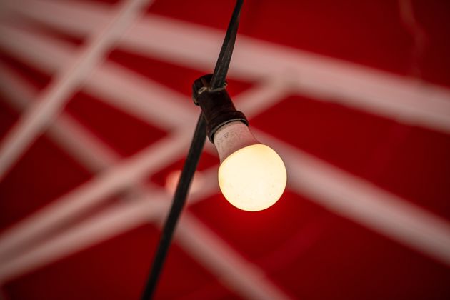 A lit light bulb against a red background. Photographer: Angel