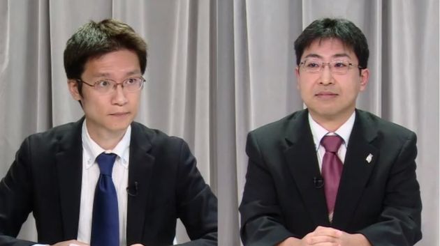 Zホールディングスのリモート会見画面。技術検証部会座長の川口洋氏（左）と座長の宍戸常寿（ししど・じょうじ）東京大学大学院教授（右）