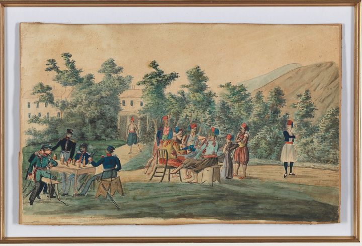 Ludvig Köllnberger, Έλληνες και Βαυαροί στρατιώτες σε ώρα ανάπαυλας, 1834 Υδατογραφία σε καφετί χαρτί, επικολλημένη σε χαρτόνι, 15 x 17,5 εκ. Πρόκεται για μία από τις πέντε πρωτότυπες υδατογραφίες του Ludvig Köllnberger και τις μοναδικές σε ιδιωτική συλλογή (εκείνες που φυλάσσονται στο Εθνικό Ιστορικό Μουσείο Αθηνών είναι αντίγραφα). Θεωρούνται σπουδαία εικαστικά ντοκουμέντα της Ελλάδας κατά τα πρώτα χρόνια της ανεξαρτησίας.