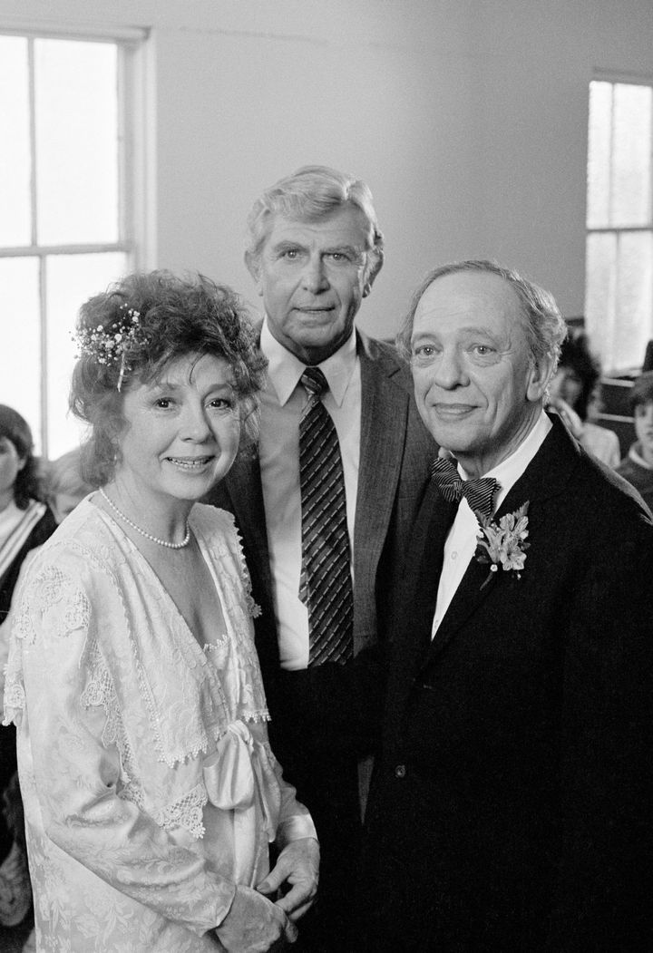 Betty Lynn as Thelma Lou, Andy Griffith as Andy Taylor, Don Knotts as Barney Fife in a "Return to Mayberry" file photo. 