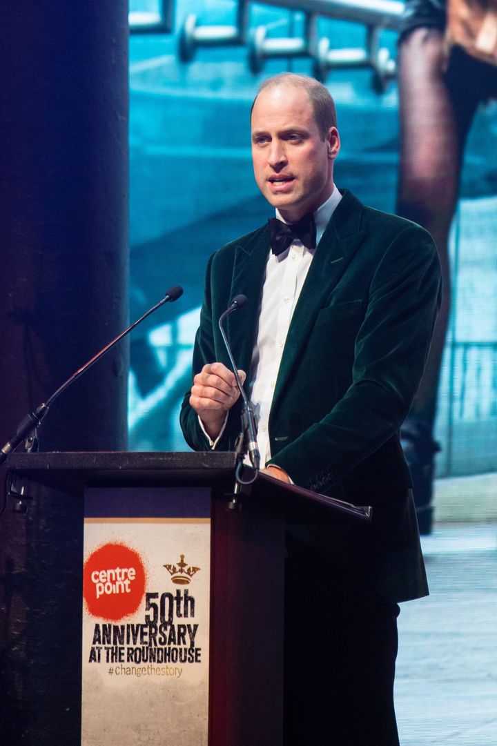 Prince William, patron of Centrepoint, delivers a speech at a gala to mark the charity's 50 years of tackling youth homelessness, at the Roundhouse on Nov. 13, 2019, in London.