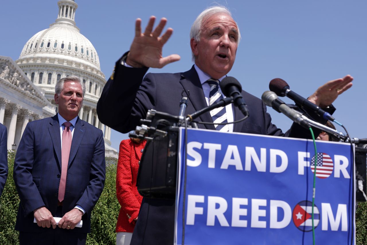 Rep. Carlos Gimenez (R-Fla.), right, speaks as House Minority Leader Rep. Kevin McCarthy (R-Calif.) listens on May 20, 2021, in Washington, D.C.