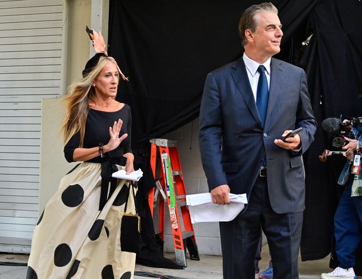 Sarah Jessica Parker (left) and Chris Noth on the set of "And Just Like That..." in New York. 