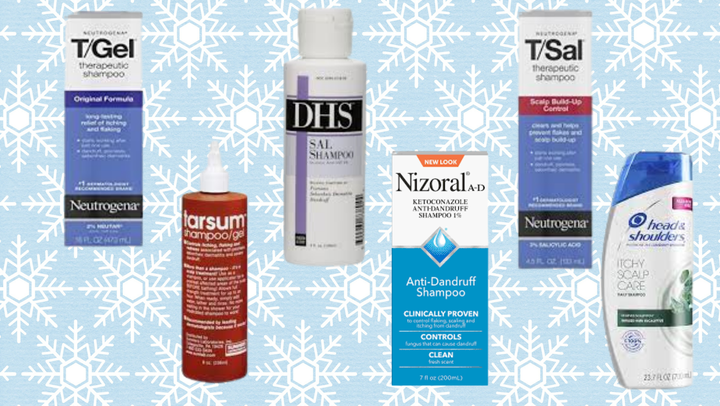 Top, left to right: Neutrogena T/Gel, DHS SAL Shampoo — Maximum Strength, Neutrogena T/Sal. Bottom, left to right: Tarsum, Nizoral, Head & Shoulders Itchy Scalp Care.