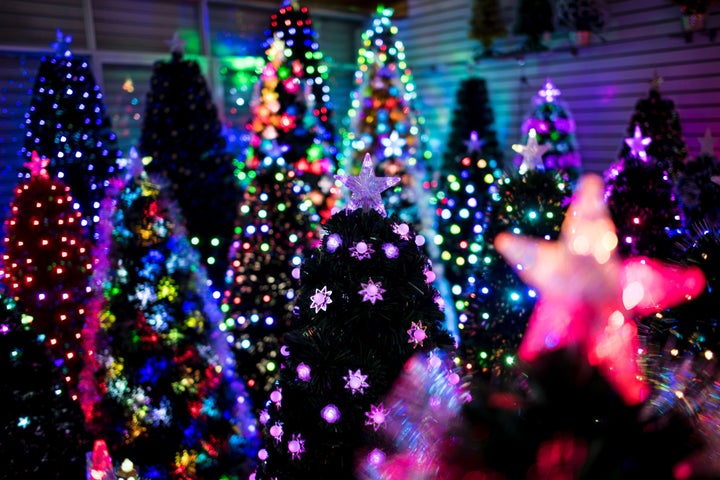 Christmas trees in a display room of an artificial Christmas tree factory in the Chinese manufacturing hub of Yiwu -- known as "Santa's real workshop" -- in 2016.