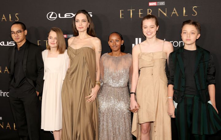 (L-R) Maddox Jolie-Pitt, Vivienne Jolie-Pitt, Angelina Jolie, Zahara Jolie Pitt, Shiloh Jolie-Pitt, and Knox Jolie Pitt arrive at the Premiere of Marvel Studios' Eternals.