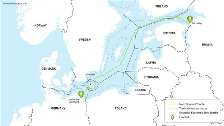 Η διαδρομή του αγωγού με πράσινο χρώμα κατά μήκος της Βαλτικής Θάλασσας και μέχρι την Γερμανία. © 2021 Nord Stream 2