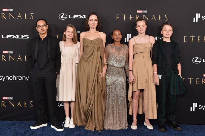 From left: Maddox Jolie-Pitt, Vivienne Jolie-Pitt, Angelina Jolie, Zahara Jolie-Pitt, Shiloh Jolie-Pitt and Knox Jolie-Pitt at the "Eternals" premiere Monday in Los Angeles.