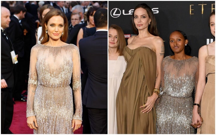 On left, Jolie at the 2014 Academy Awards. Right, the actor with her daughter Zahara, who wore the vintage gown to the "Eternals" premiere.