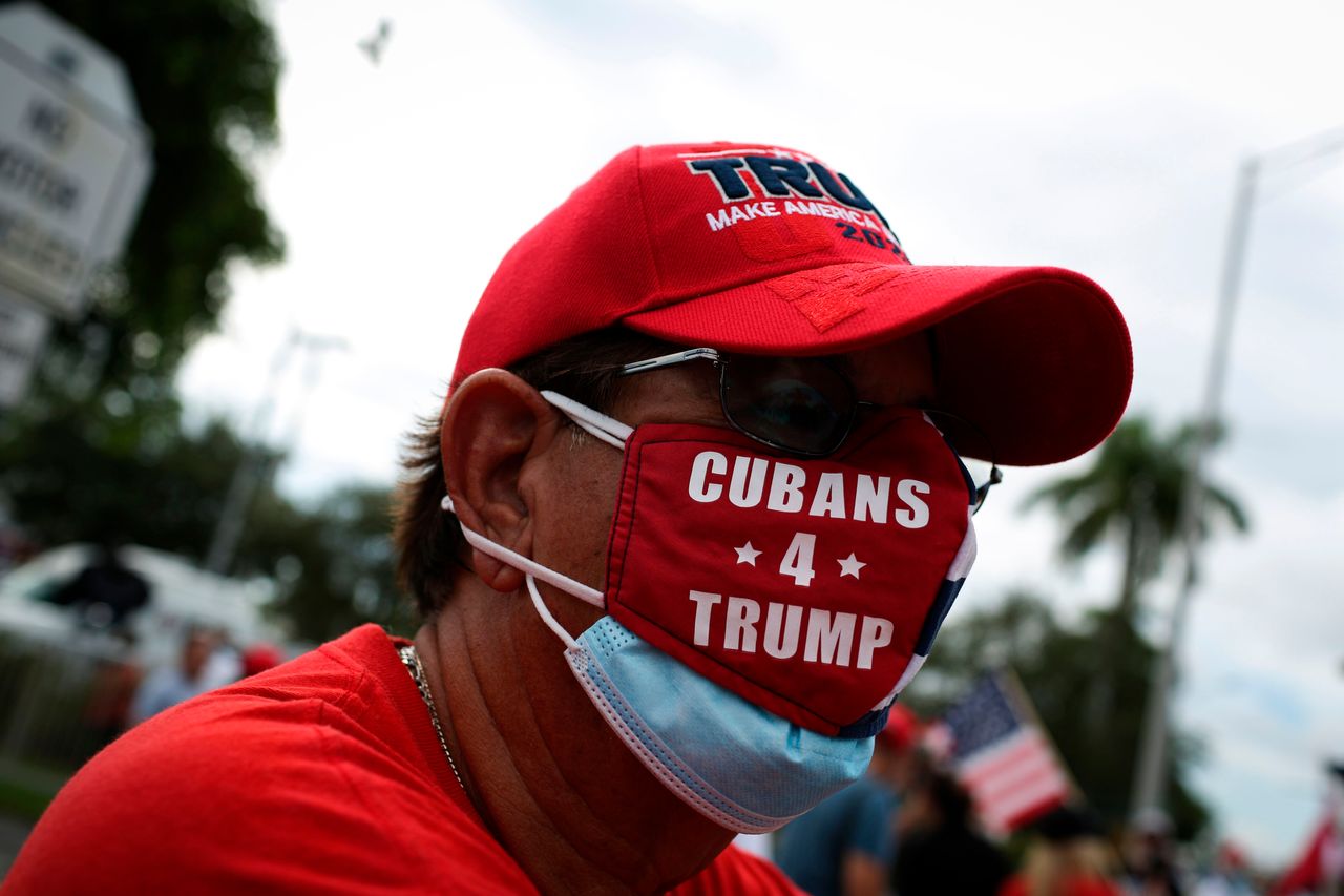 A supporter of former President Donald Trump wearing a protective mask attends a rally outside the "Latinos for Trump Roundtable" event in Doral, Florida, on Sept. 25, 2020.