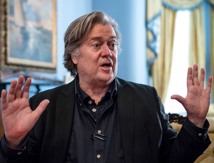 In this file photo from Sunday, Aug. 19, 2018, Steve Bannon, President Donald Trump's former chief strategist, talks about the approaching midterm election during an interview with The Associated Press, in Washington. (AP Photo/J. Scott Applewhite, file)