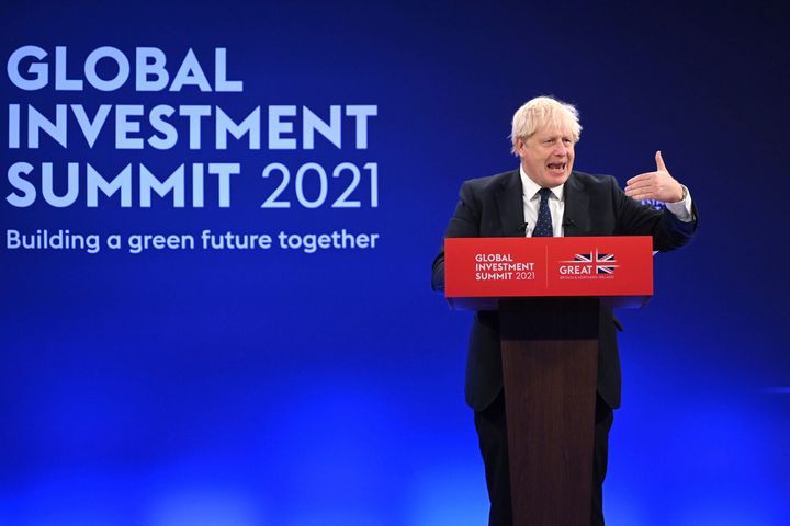 Boris Johnson delivers a speech during the Global Investment Summit at the Science Museum, London.