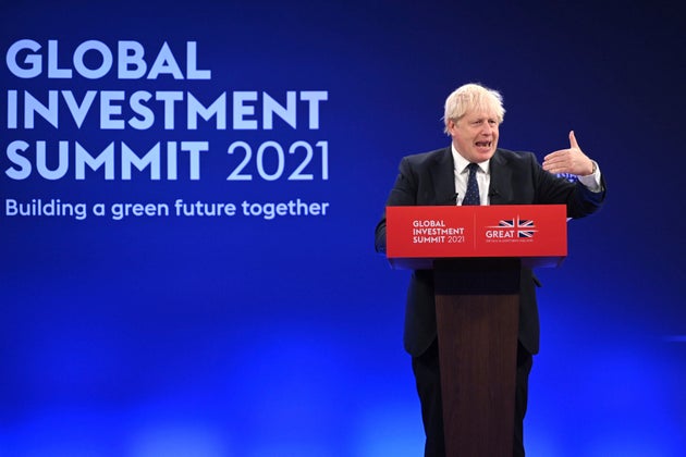 Boris Johnson delivers a speech during the Global Investment Summit at the Science Museum,