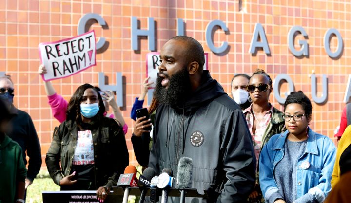 Community activist Will Calloway speaks at a rally in front of Chicago Police headquarters on Oct. 19, 2021, in Chicago. Calloway is among the activists calling on the Senate to reject Rahm Emanuel's nomination as President Joe Biden’s ambassador to Japan. 