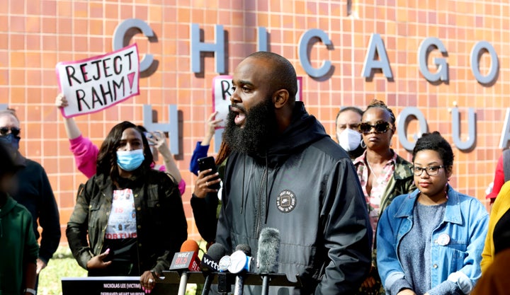 Community activist Will Calloway speaks at a rally in front of Chicago Police headquarters on Oct. 19, 2021, in Chicago. Calloway is among the activists calling on the Senate to reject Rahm Emanuel's nomination as President Joe Biden’s ambassador to Japan.