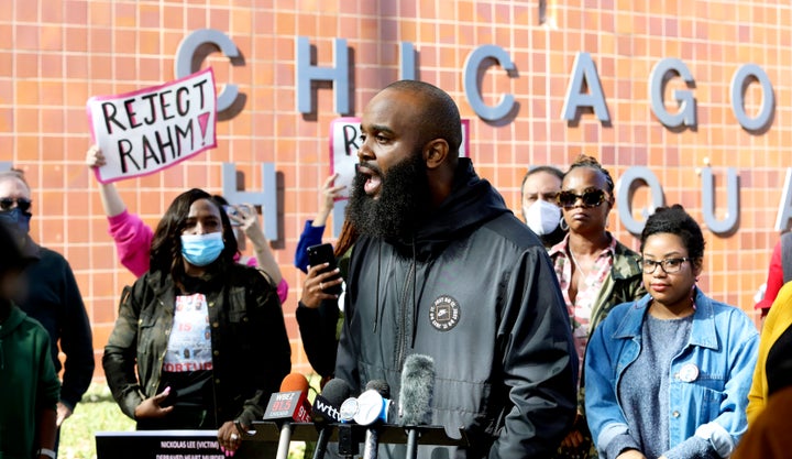 Community activist Will Calloway speaks at a rally in front of Chicago Police headquarters on Oct. 19, 2021, in Chicago. Calloway is among the activists calling on the Senate to reject Rahm Emanuel's nomination as President Joe Biden’s ambassador to Japan. 