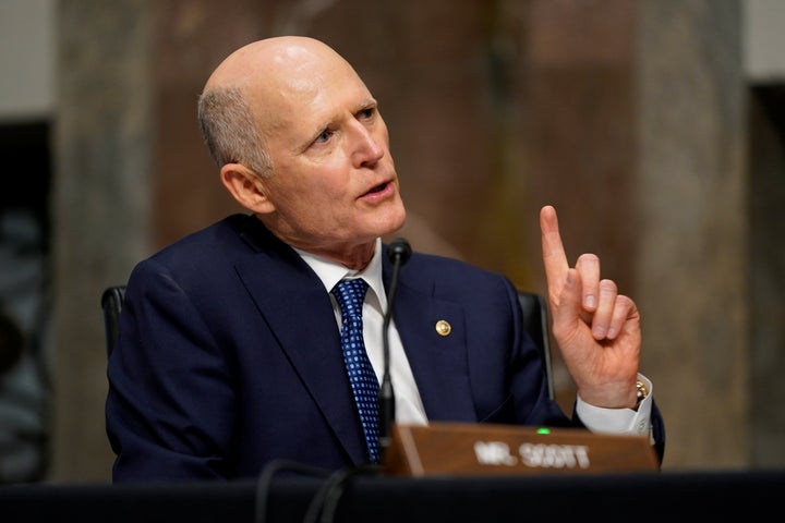 Sen. Rick Scott (R-Fla.) speaks during a Senate Armed Services Committee hearing on Sept. 28. The senator has spoken out against many benefits, including the expanded child tax credit. 