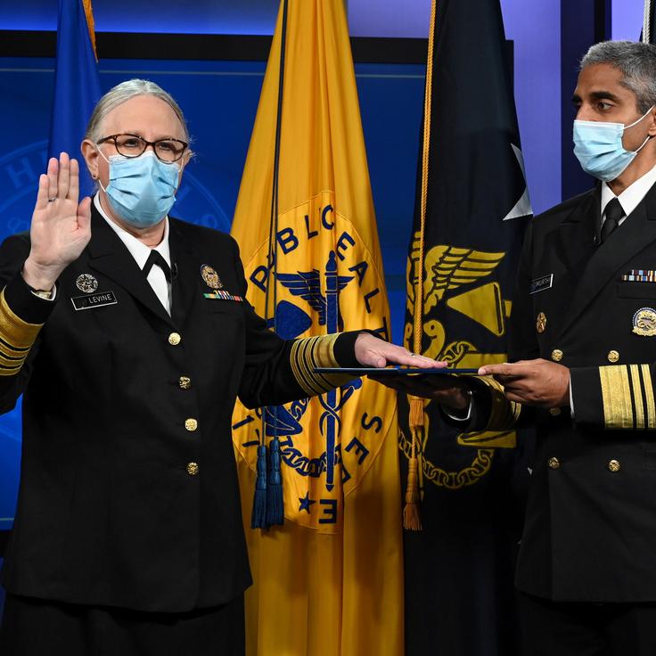 Dr. Rachel Levine, the highest-ranking openly transgender official in the United States, was sworn in as Assistant Secretary for Health and a four-star admiral in the U.S. Public Health Service Commissioned Corps with assistance from Surgeon General Vivek Murthy on Tuesday.